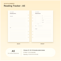 Reading Tracker A5 planner insert with finished size and hole spacing information