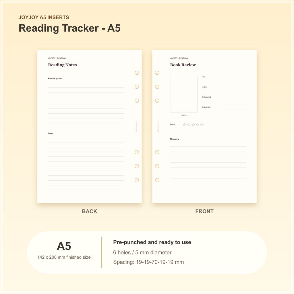 Reading Tracker A5 planner insert with finished size and hole spacing information