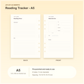 Reading Tracker A5 planner insert with finished size and hole spacing information