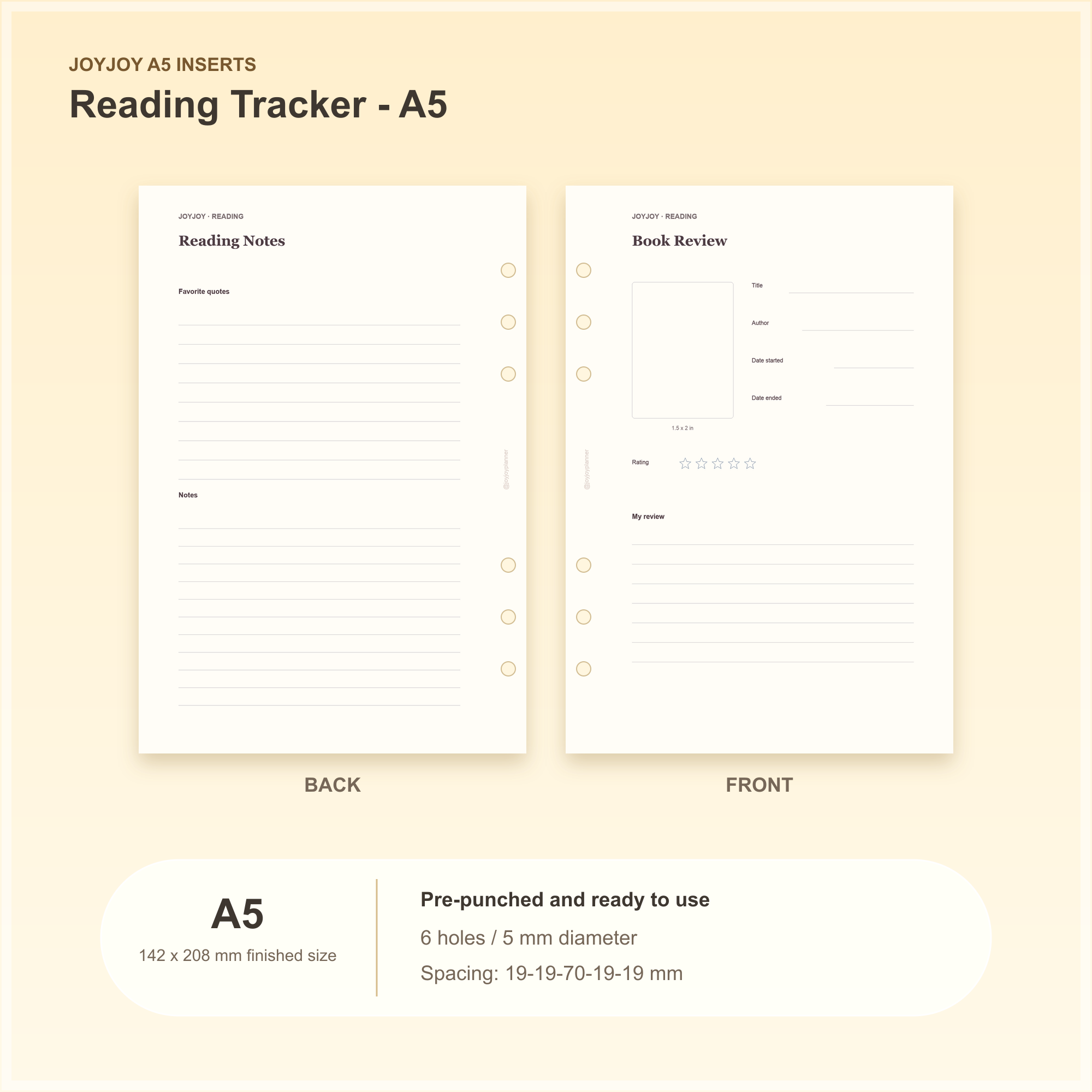 Reading Tracker A5 planner insert with finished size and hole spacing information