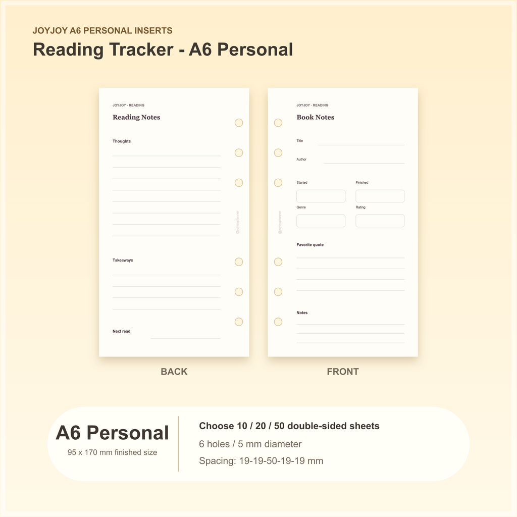 Reading Tracker A6 Personal planner insert with finished size and hole spacing information