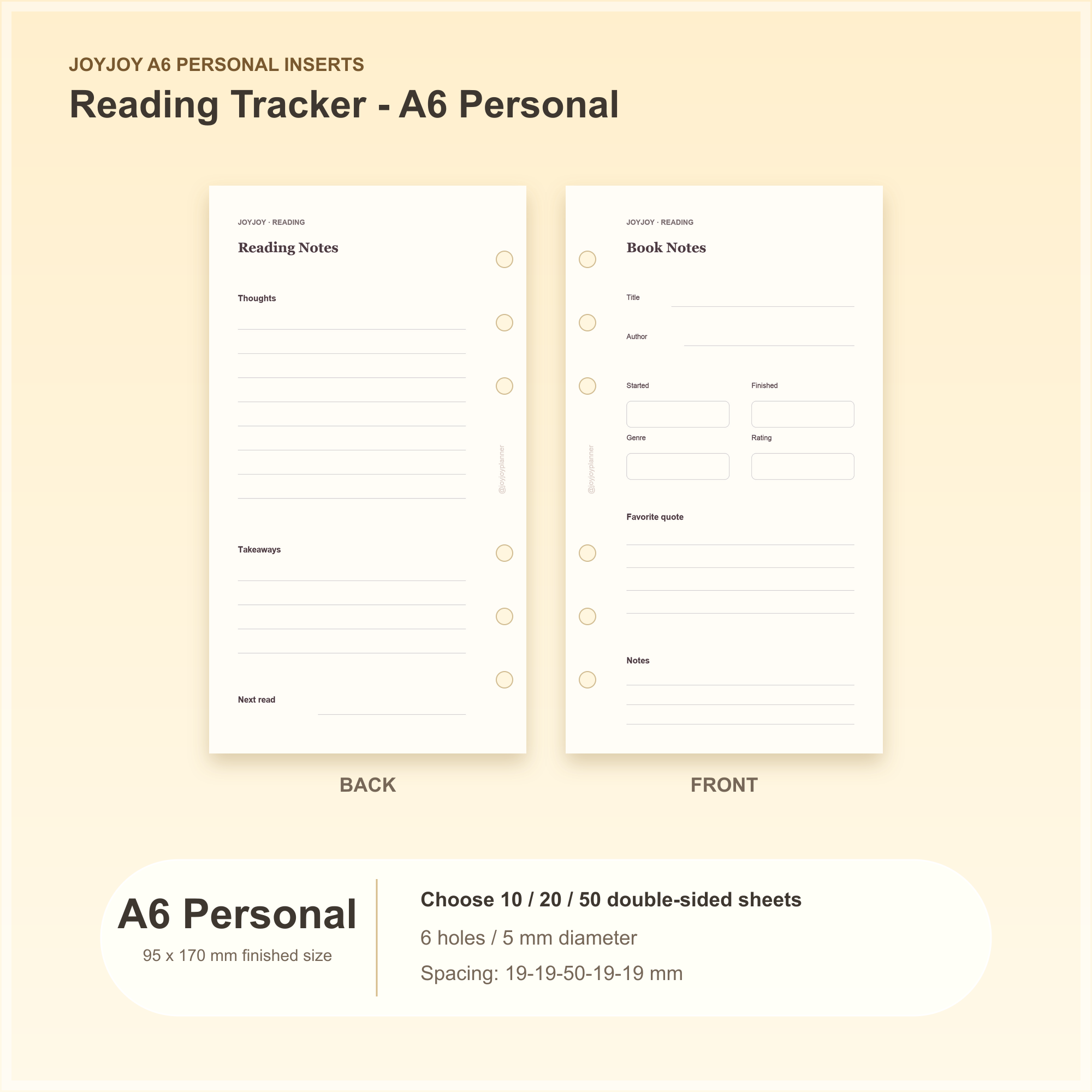 Reading Tracker A6 Personal planner insert with finished size and hole spacing information