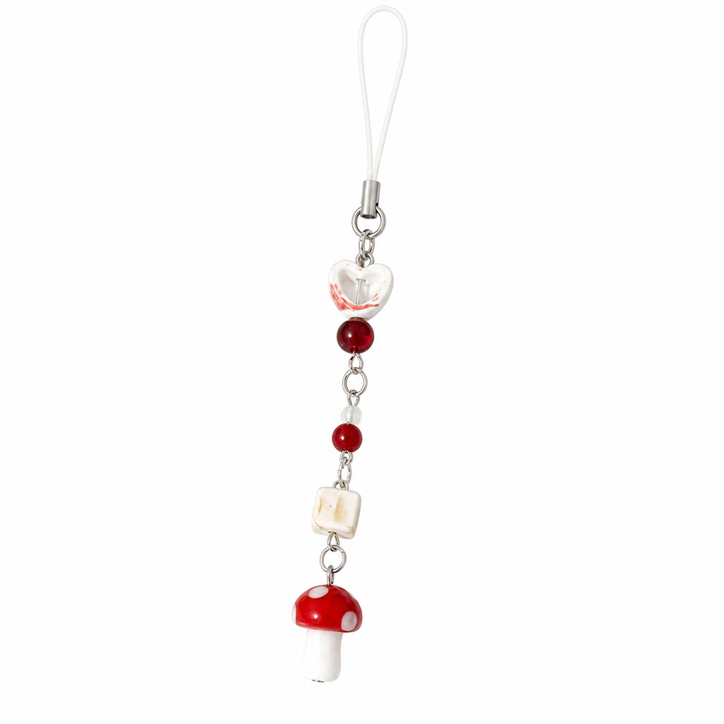 Red mushroom beaded phone and planner charm on a white background