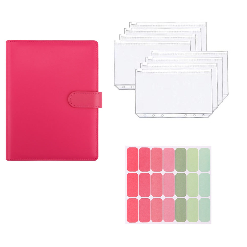 Rose A5 macaron planner binder set with zipper pouches and colorful labels on a white background