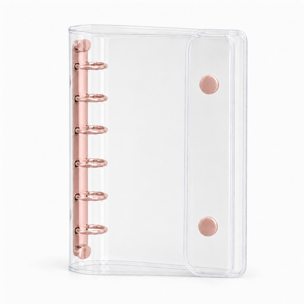 Rose Gold A7 Clear Double-Snap 6-Ring Planner Binder Cover on a white background