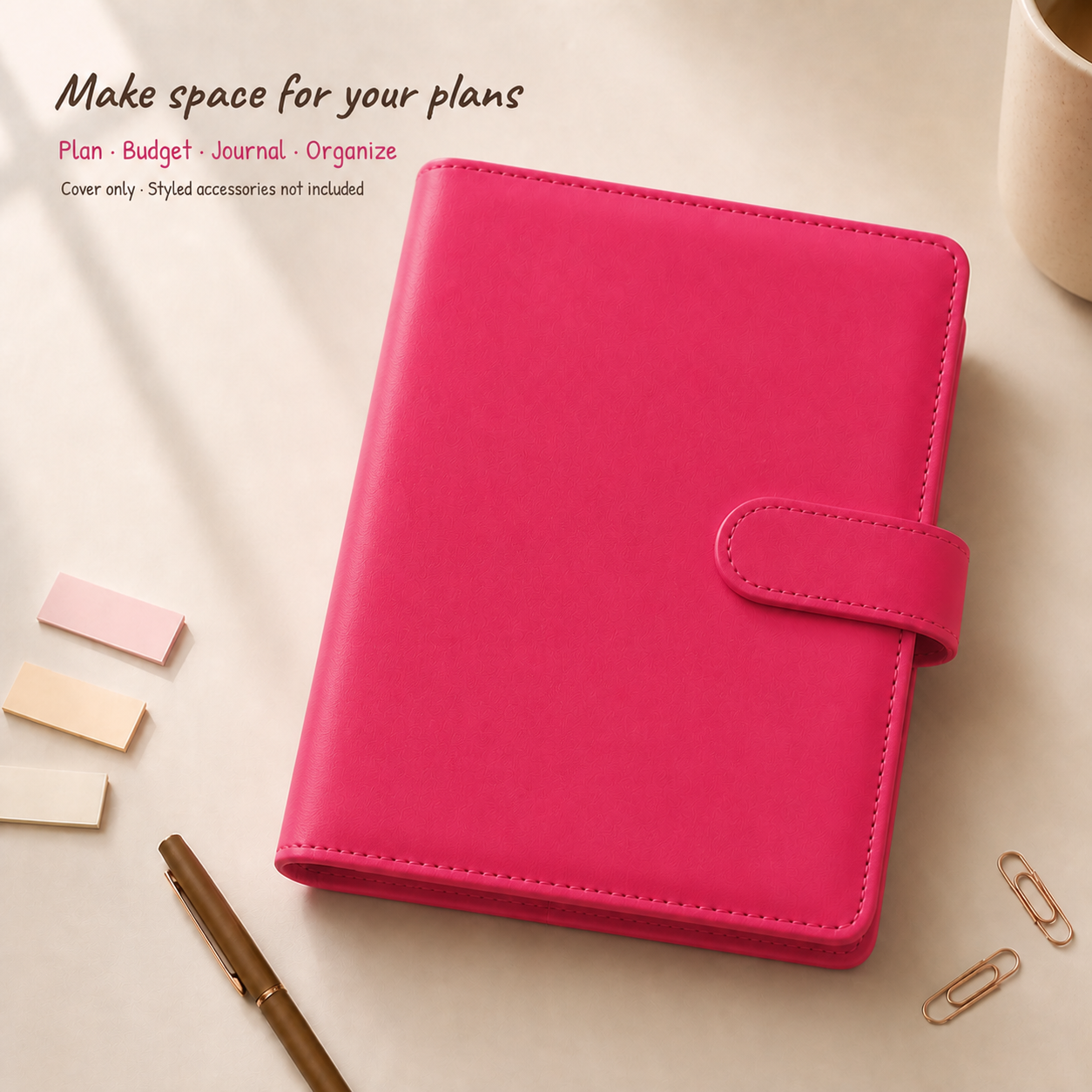 Hot Pink A5 Macaron planner binder on a warm ivory desk; cover only