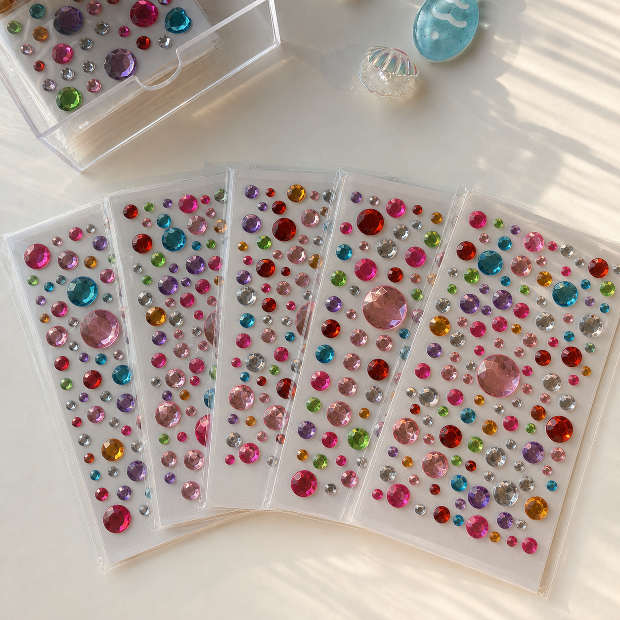 Five colorful self-adhesive round mix — 119 gems sticker sheets; each sheet may have different colors and gem arrangements
