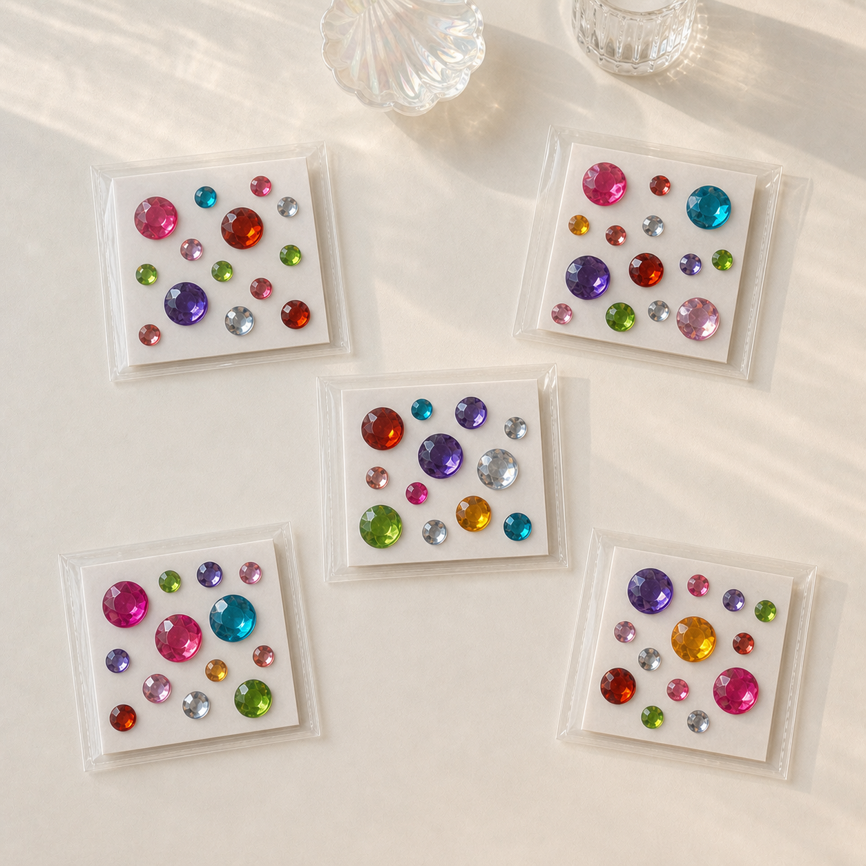 Five colorful self-adhesive round mix — 27 gems sticker sheets; each sheet may have different colors and gem arrangements