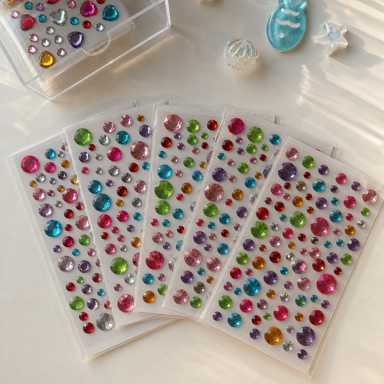 Five colorful self-adhesive round mix — 68 gems sticker sheets; each sheet may have different colors and gem arrangements