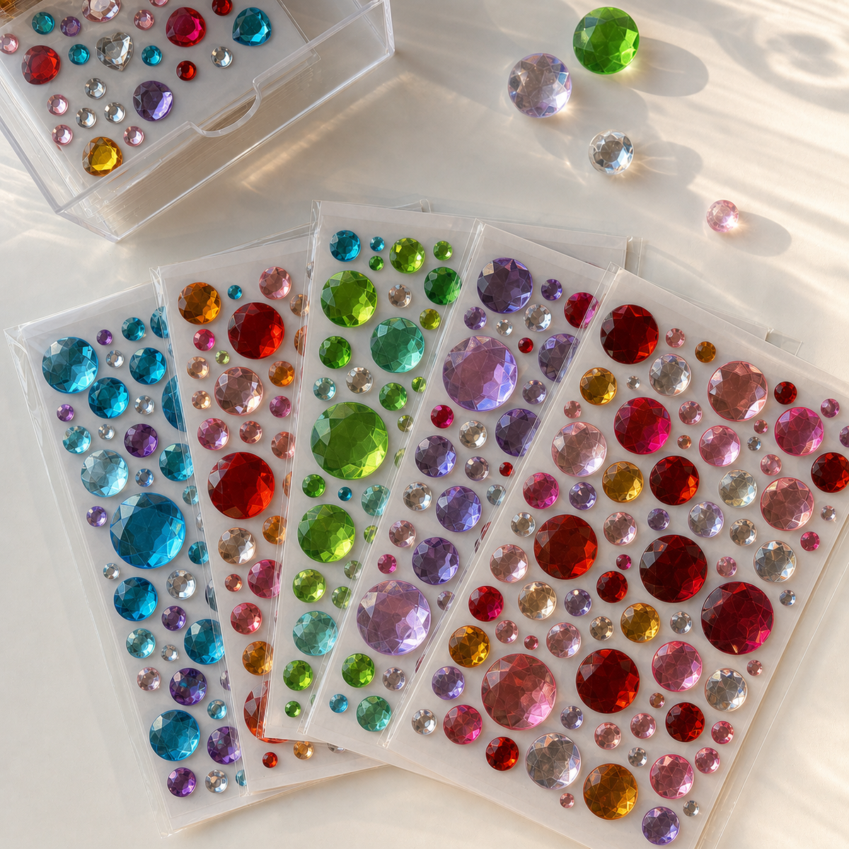 Five colorful self-adhesive large round mix — 109 gems sticker sheets; each sheet may have different colors and gem arrangements