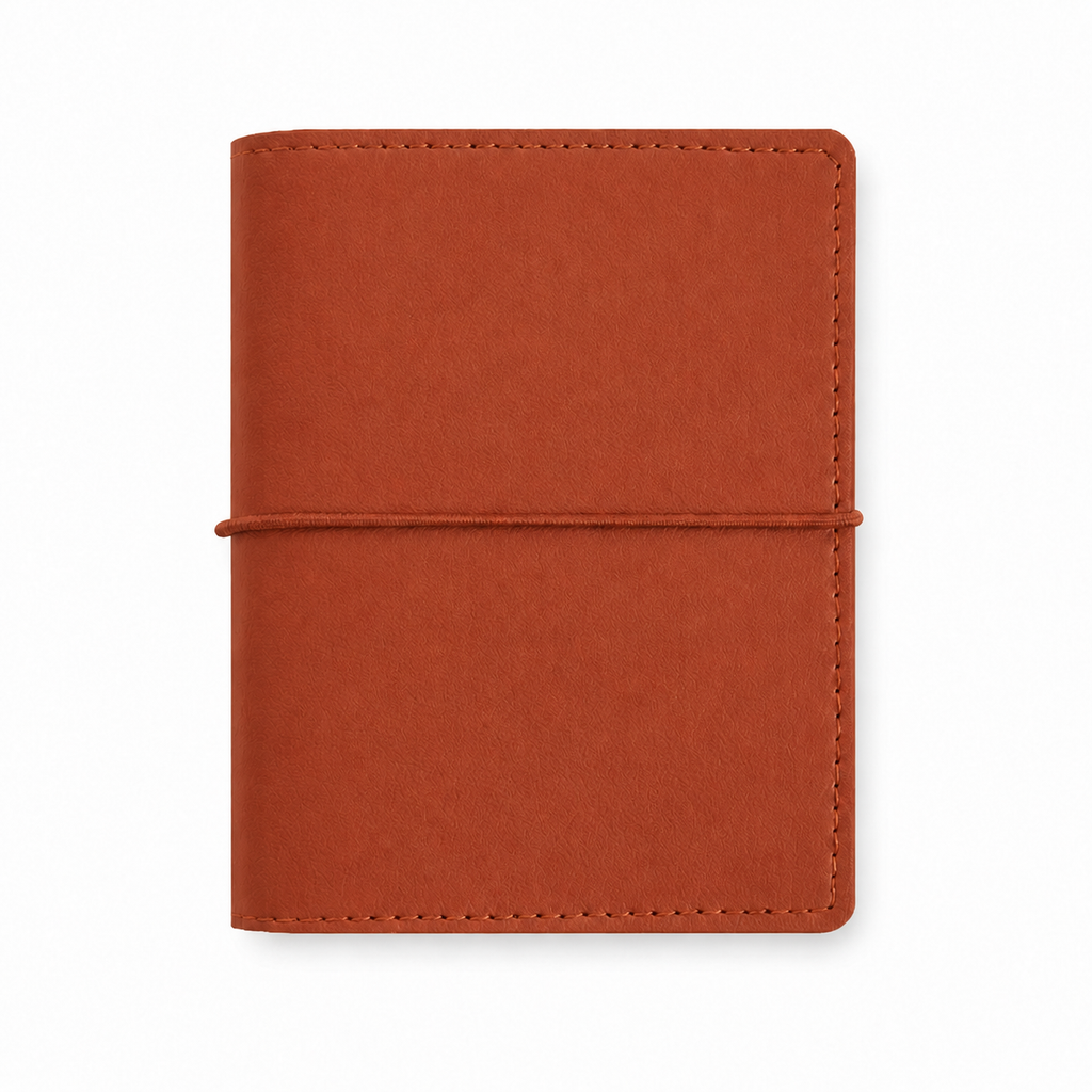 Rust Brown M5 Wide five-ring planner cover with elastic closure on a white background