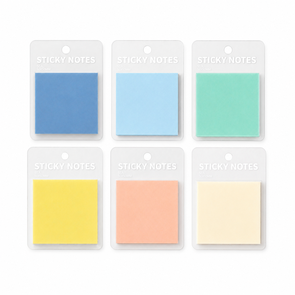 Set of six transparent sticky-note pads in blue, light blue, mint green, pastel yellow, peach pink and ivory