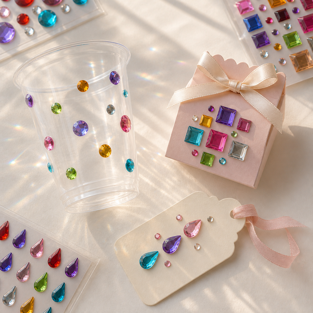 Whimsy Gems shape gem stickers used on party cups, cards, and favor packaging; styling props not included