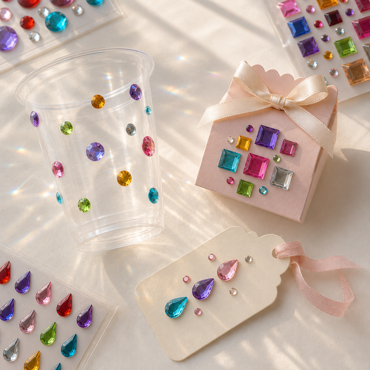 Whimsy Gems shape gem stickers used on party cups, cards, and favor packaging; styling props not included