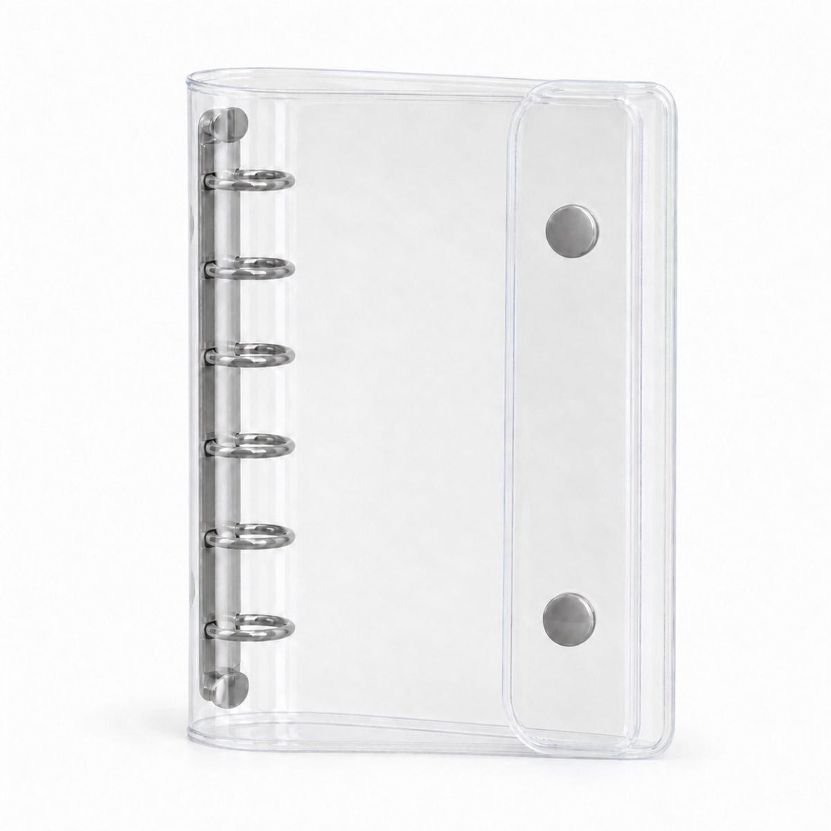 Silver A7 Clear Double-Snap 6-Ring Planner Binder Cover on a white background