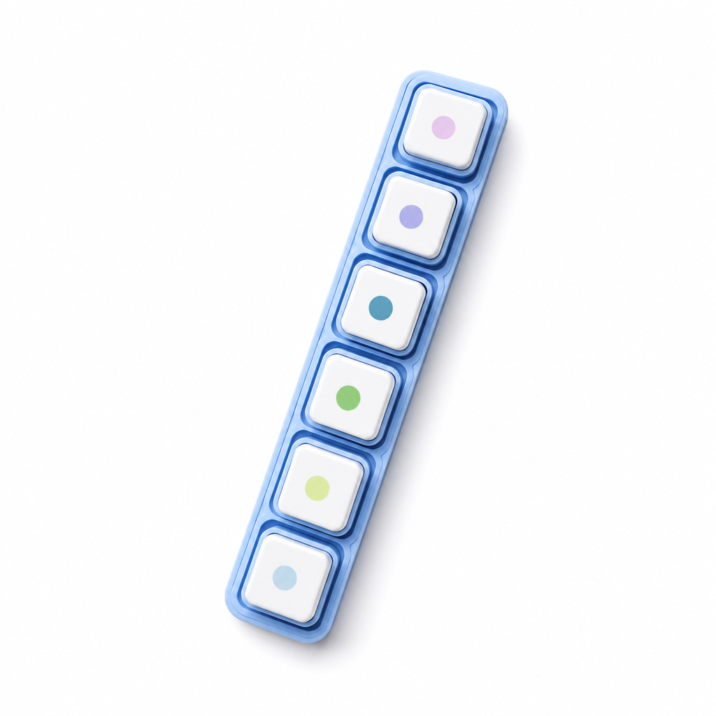 Blue detachable planner dot stamp set with six colored buttons on a white background