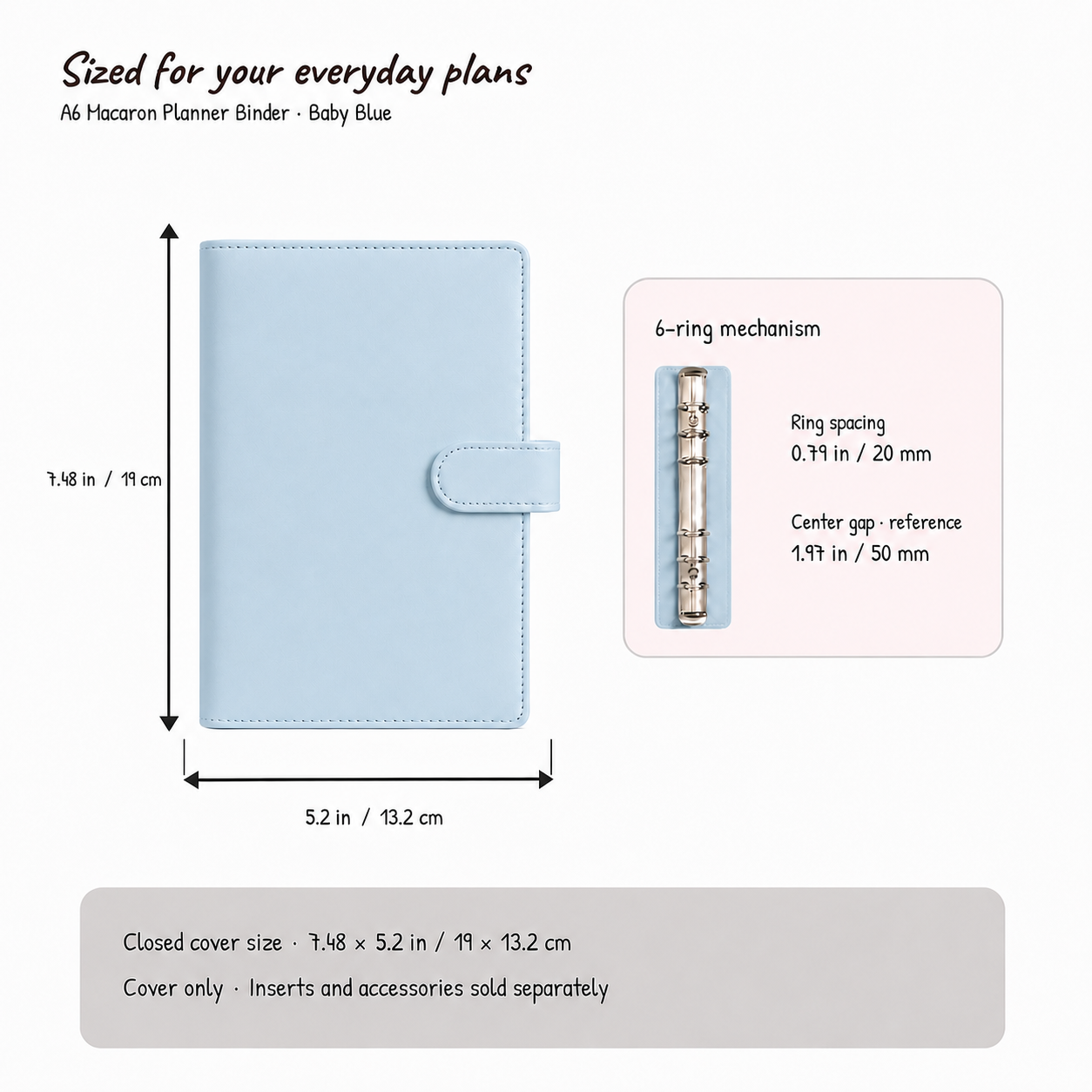 Baby Blue A6 Macaron planner binder size and six-hole spacing compatibility guide