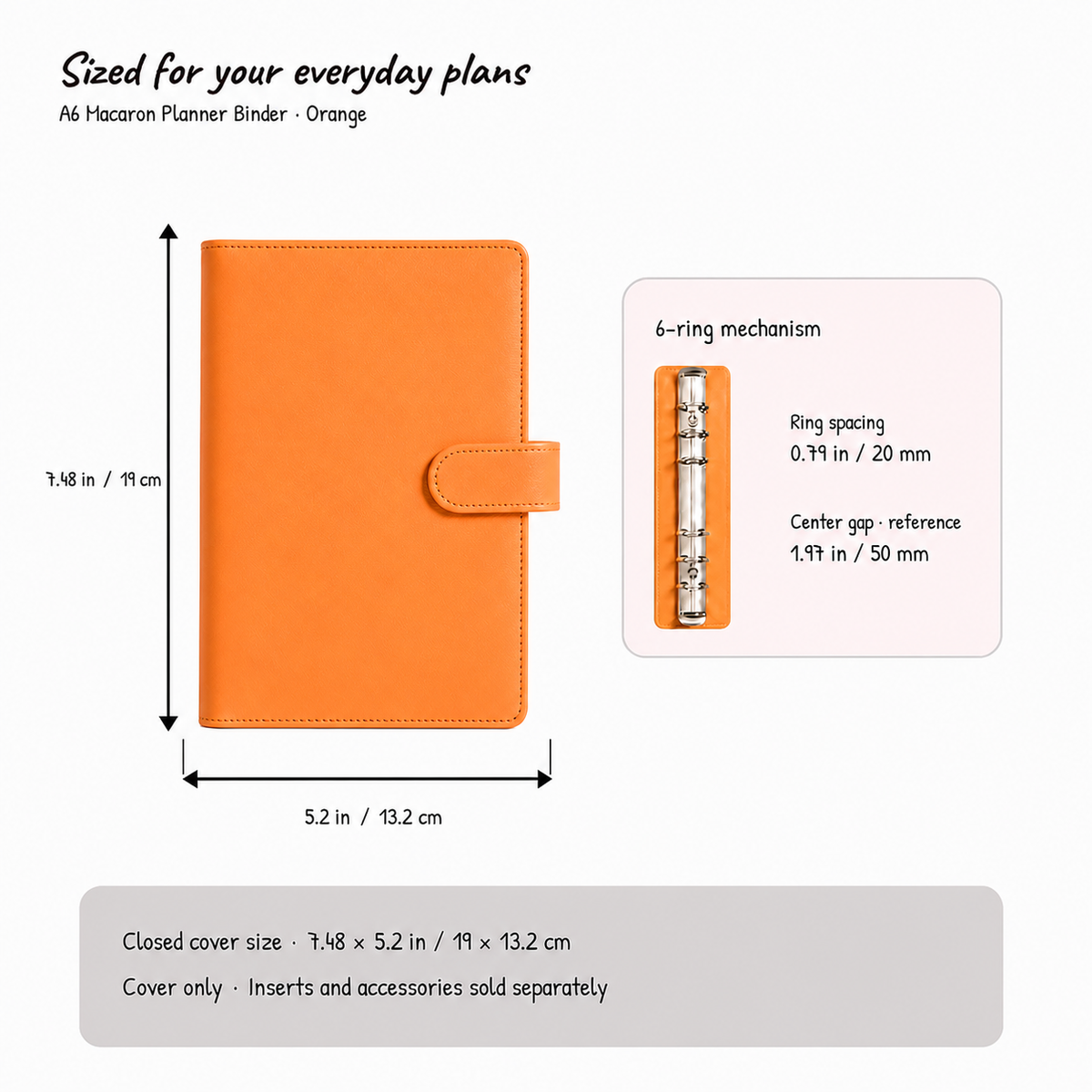 Orange A6 Macaron planner binder size and six-hole spacing compatibility guide
