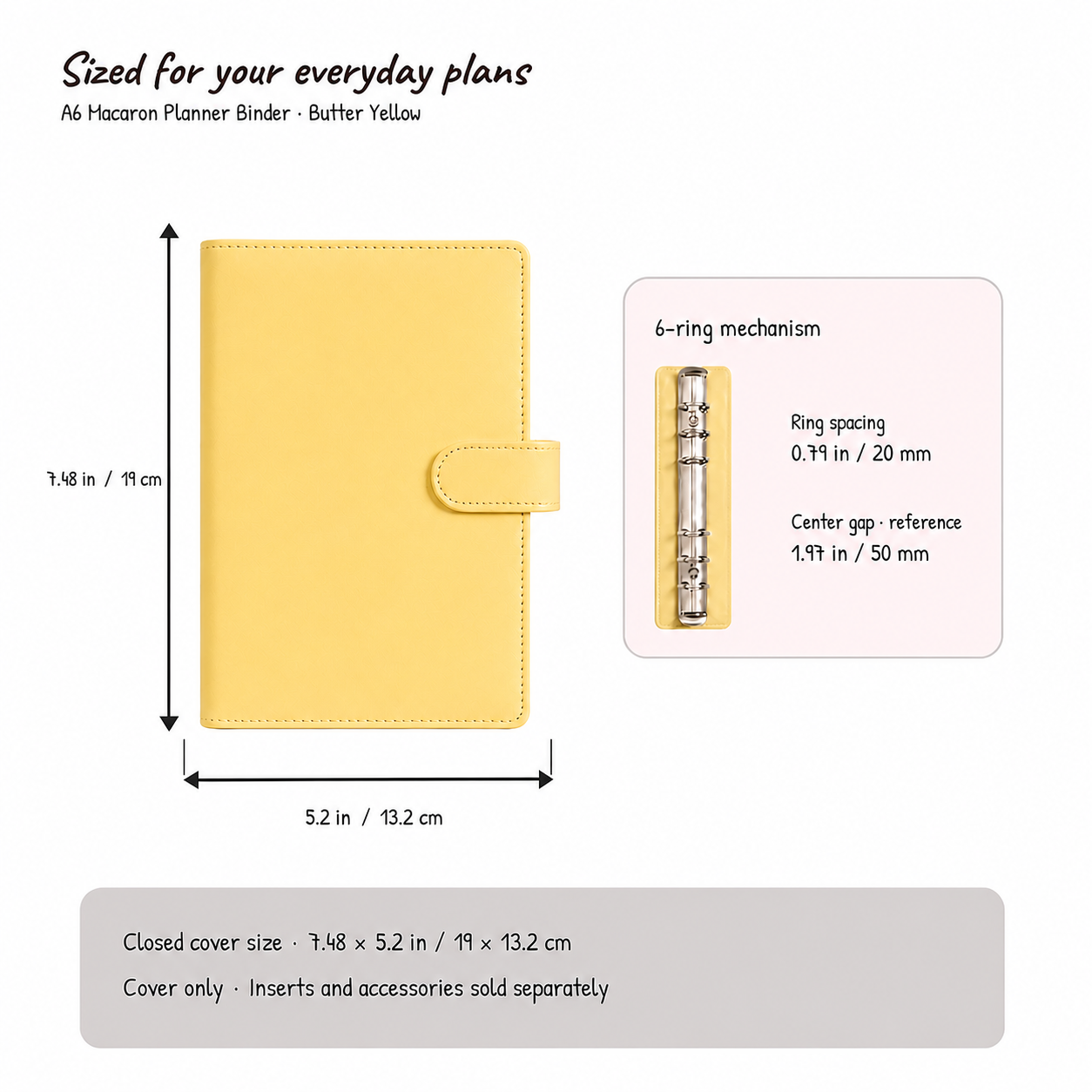Butter Yellow A6 Macaron planner binder size and six-hole spacing compatibility guide