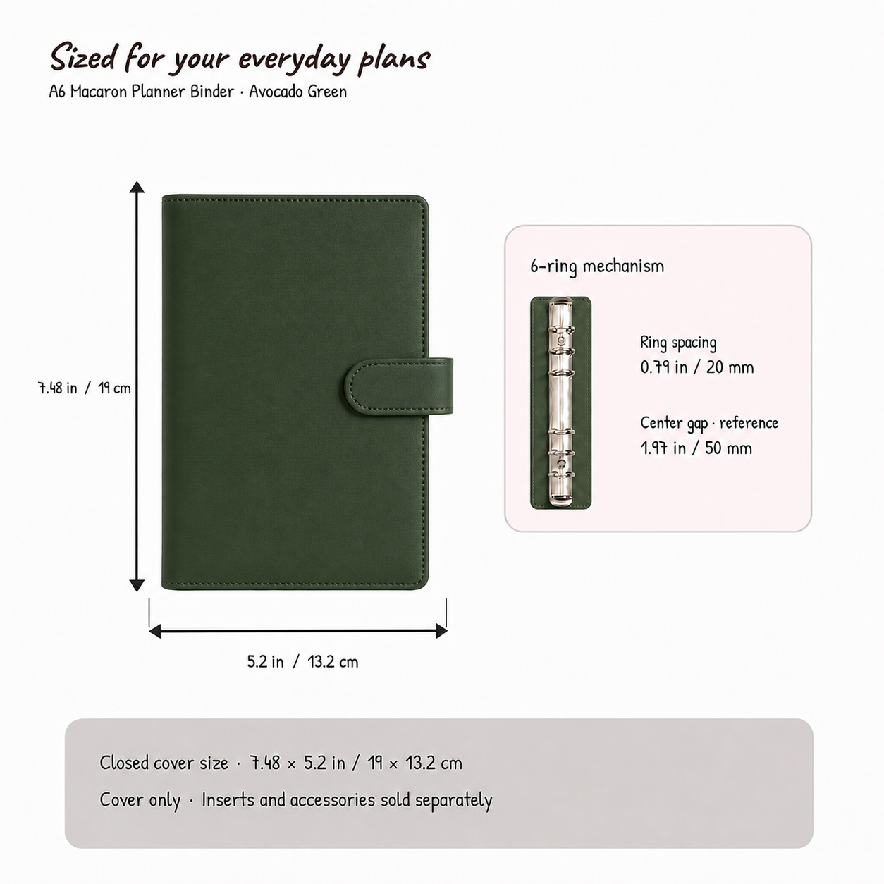Avocado Green A6 Macaron planner binder size and six-hole spacing compatibility guide