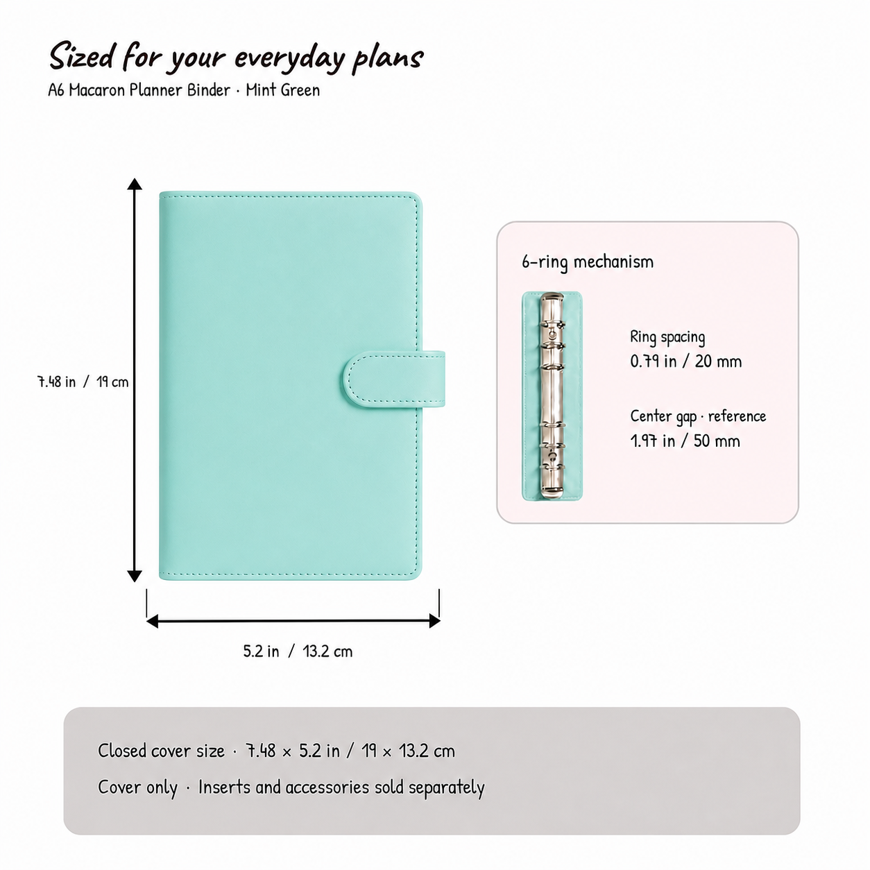 Mint Green A6 Macaron planner binder size and six-hole spacing compatibility guide