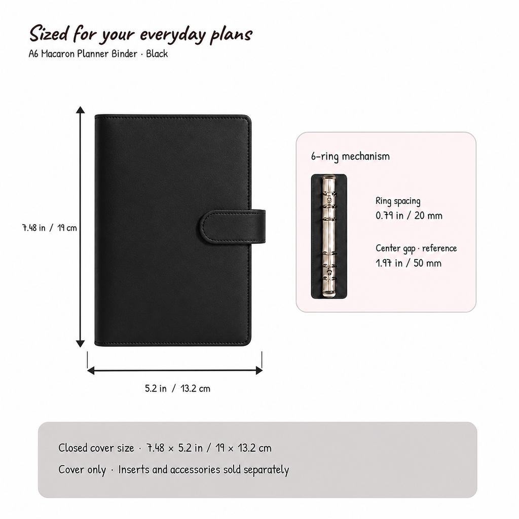 Black A6 Macaron planner binder size and six-hole spacing compatibility guide