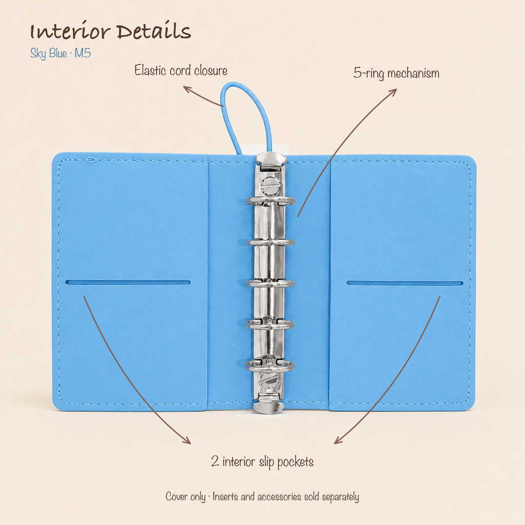Open Sky Blue M5 five-ring planner cover showing elastic cord closure and two interior slip pockets