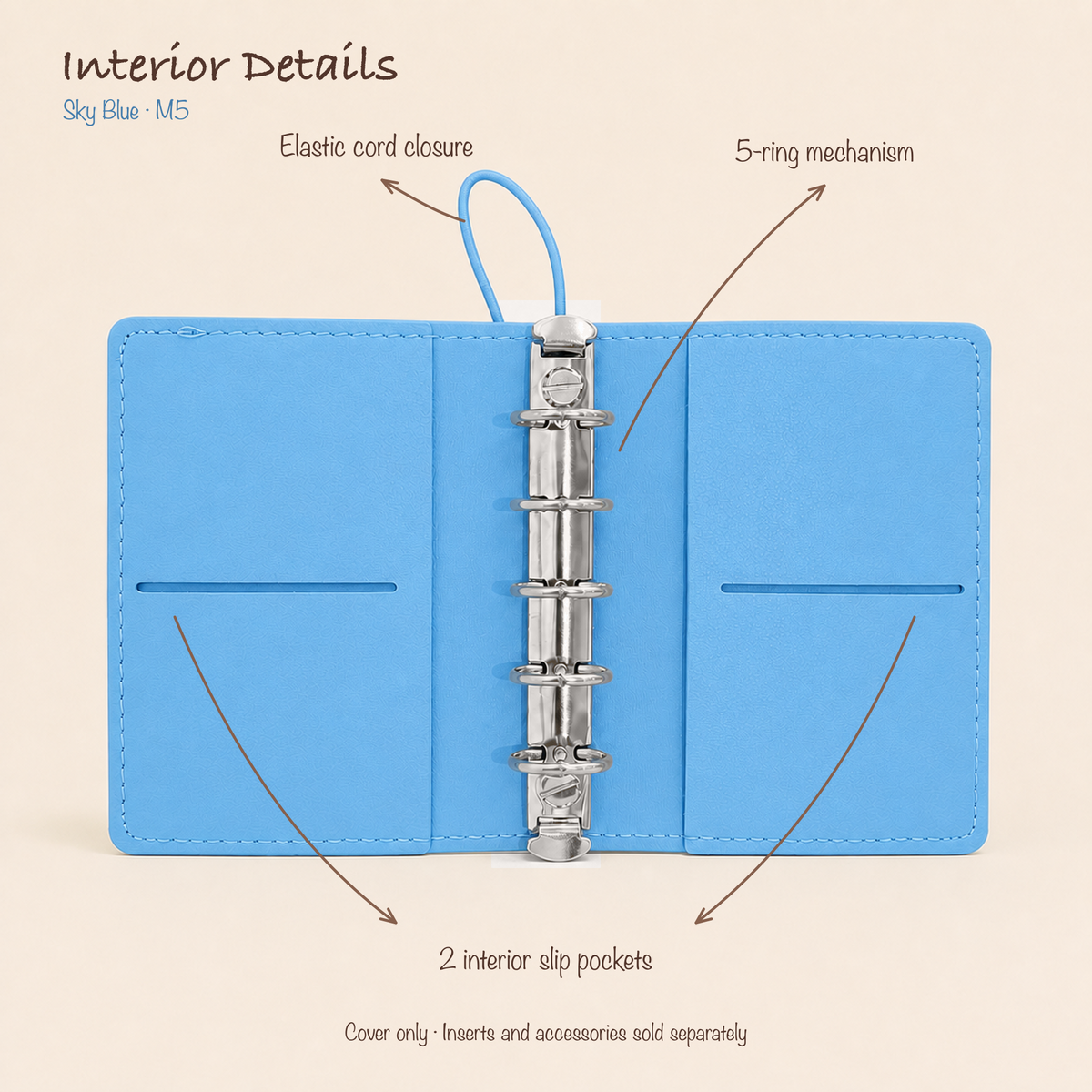 Open Sky Blue M5 five-ring planner cover showing elastic cord closure and two interior slip pockets