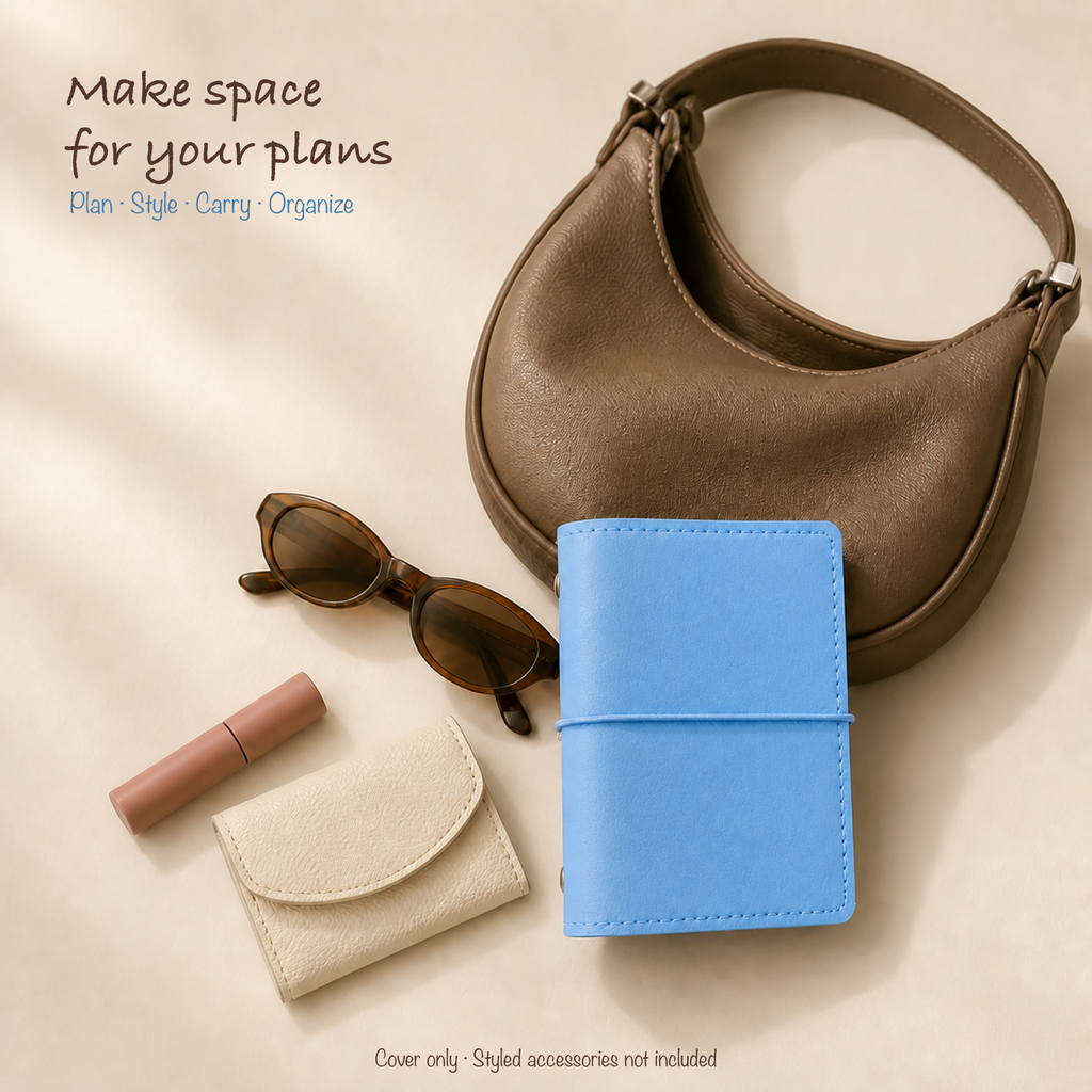 Sky Blue M5 planner cover styled with a petite hobo bag and clean everyday accessories