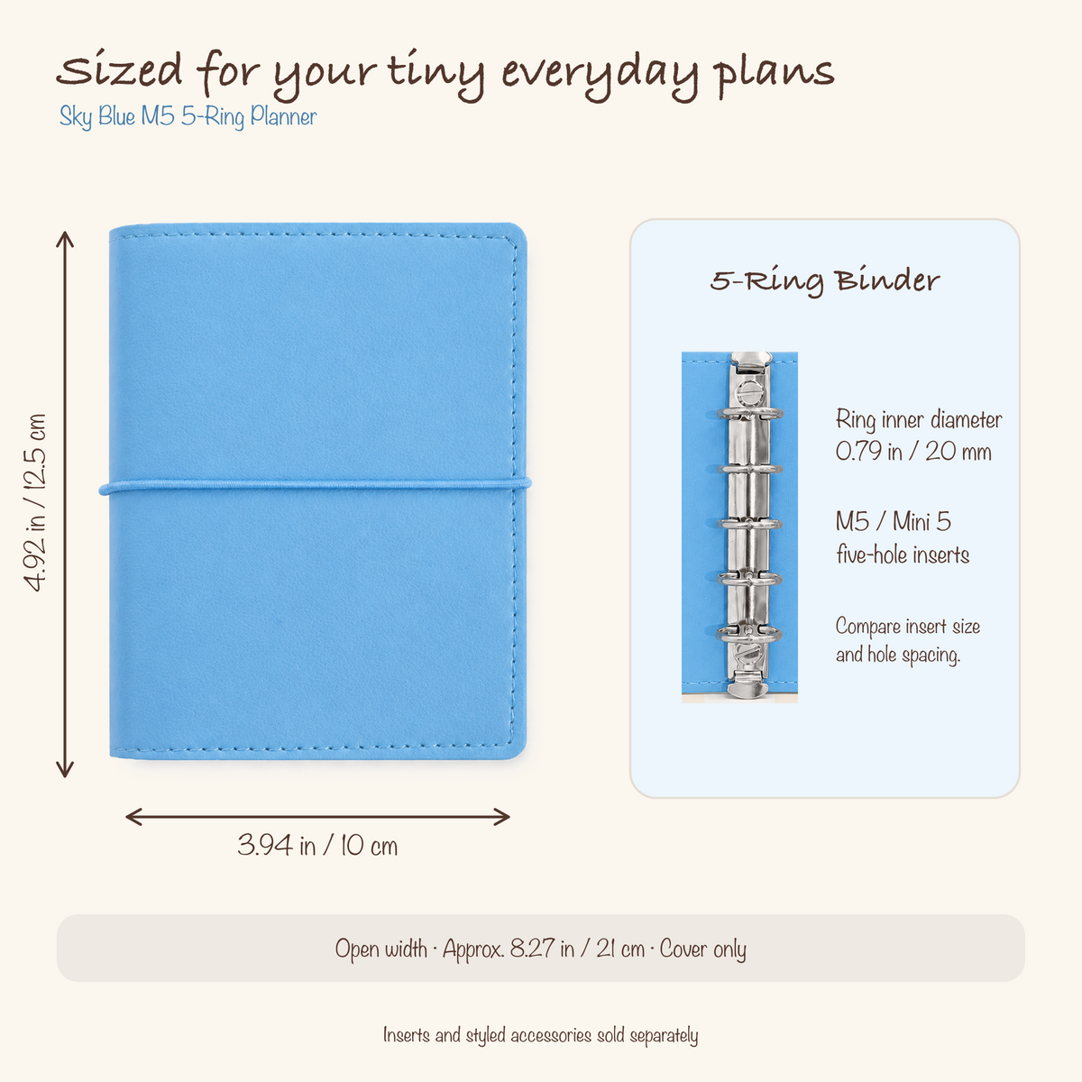 Sky Blue M5 planner cover dimensions and 20 mm five-ring insert compatibility guide