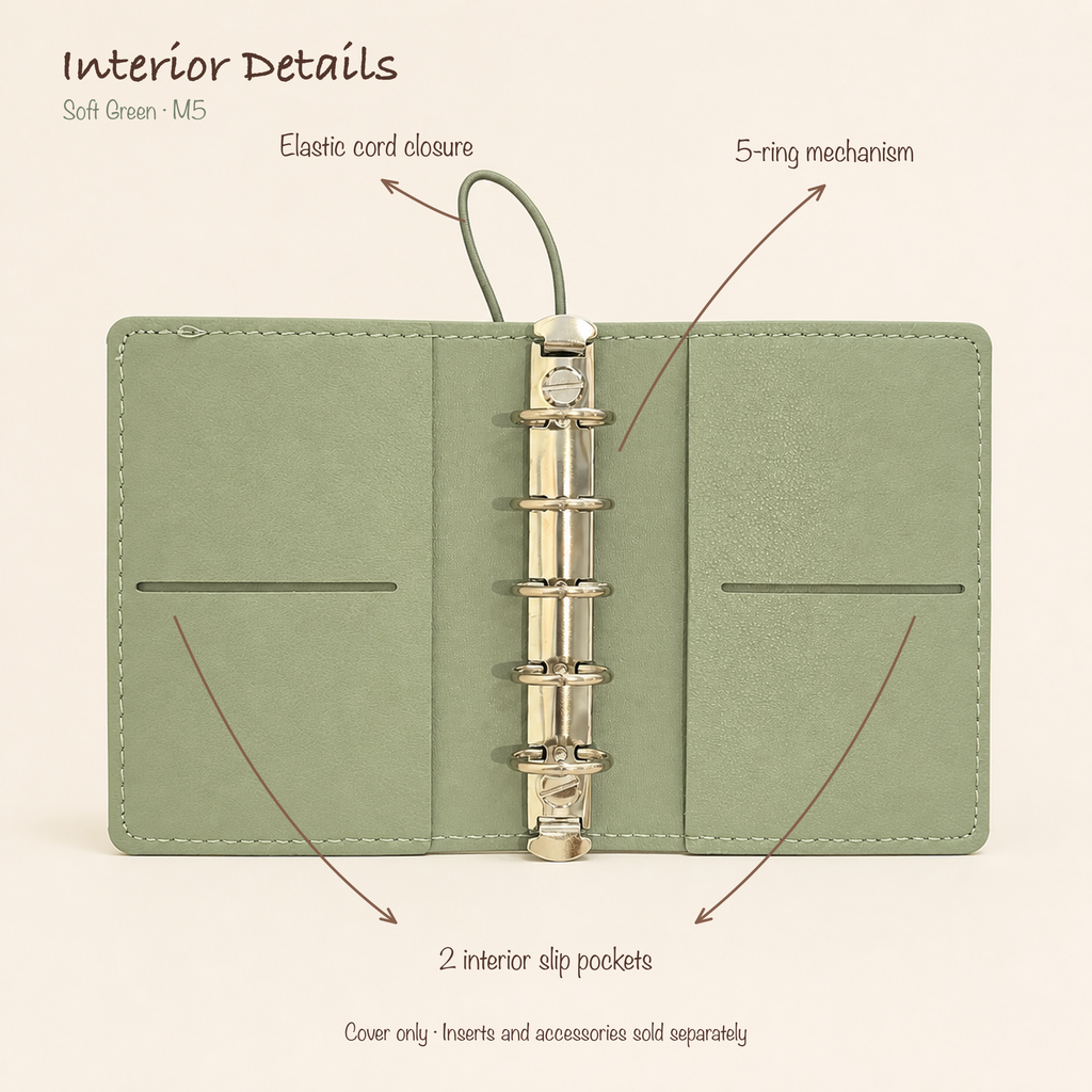Open Soft Green M5 five-ring planner cover showing elastic cord closure and two interior slip pockets
