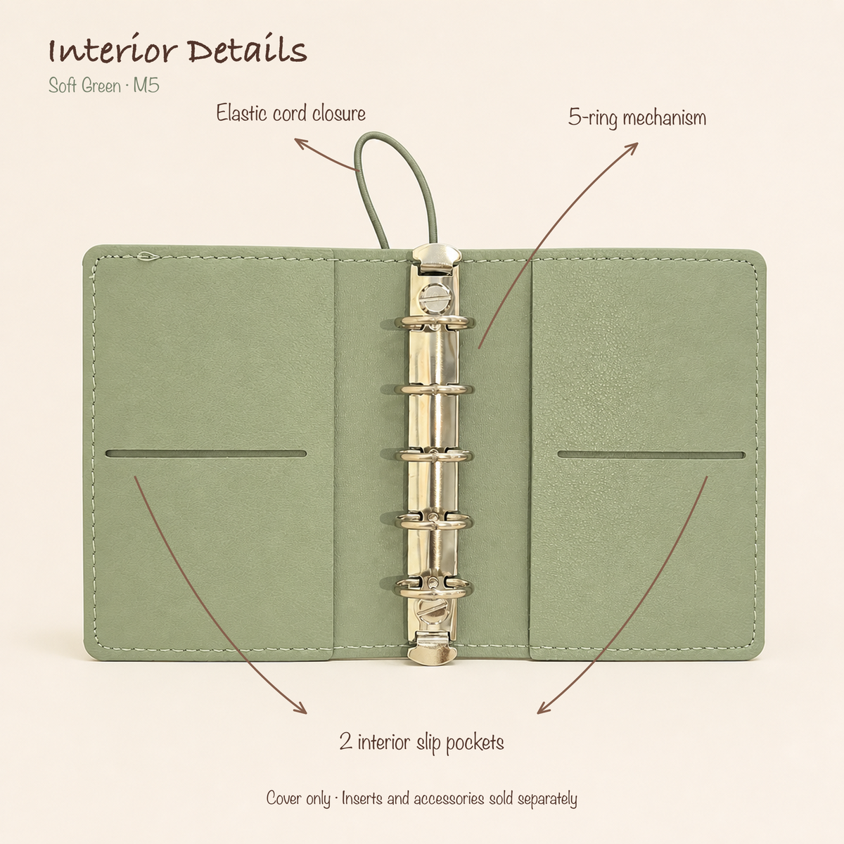 Open Soft Green M5 five-ring planner cover showing elastic cord closure and two interior slip pockets