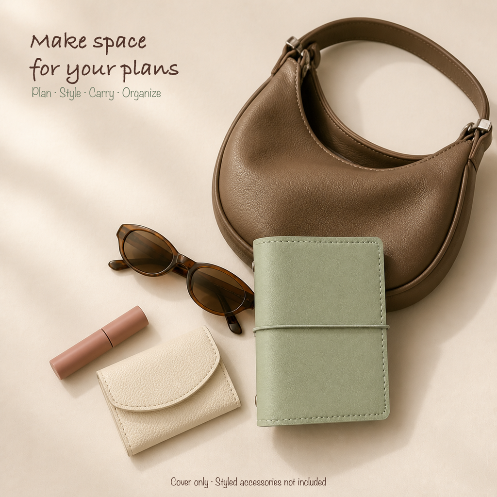 Soft Green M5 planner cover styled with a mini hobo bag and clean everyday accessories