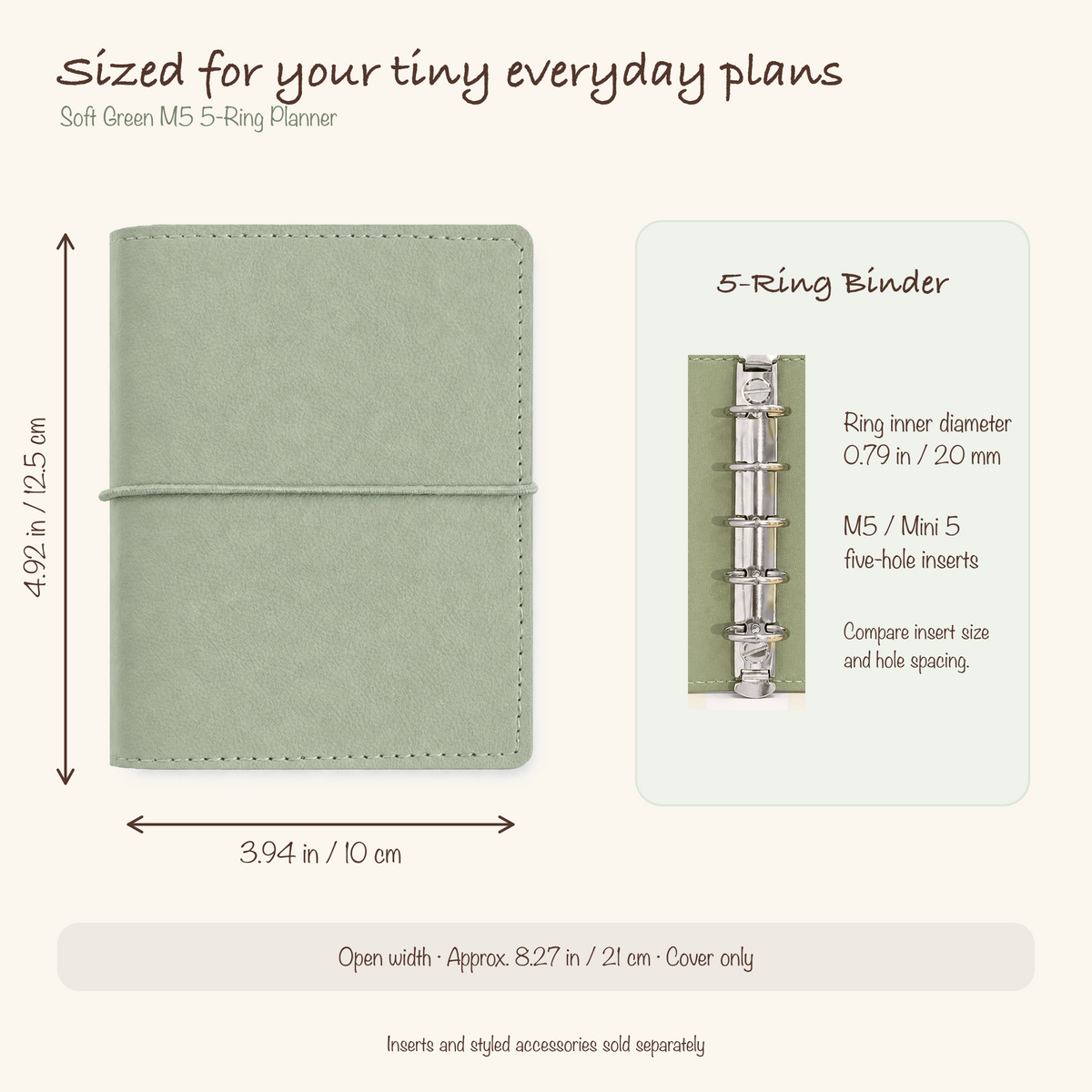 Soft Green M5 planner cover dimensions and 20 mm five-ring insert compatibility guide