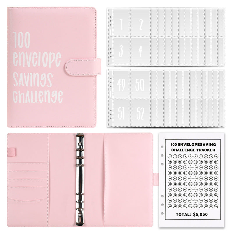Soft Pink A5 100 envelope savings challenge binder on a white background
