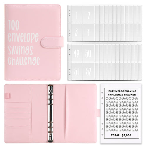 Soft Pink A5 100 envelope savings challenge binder on a white background