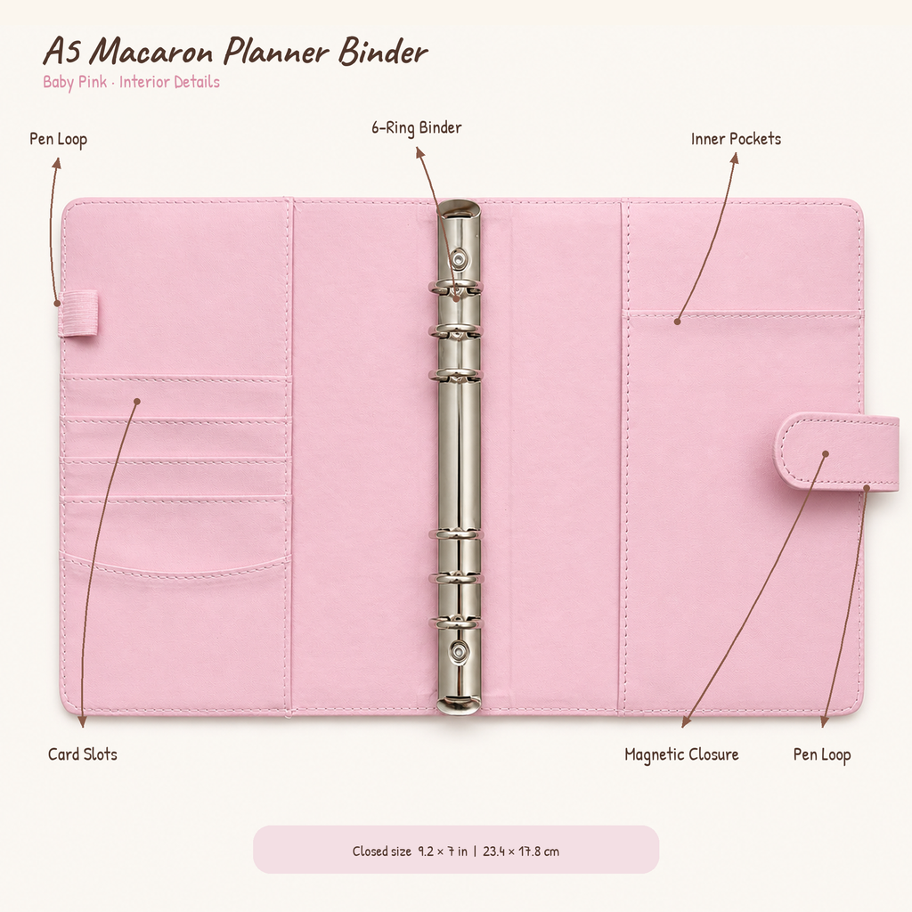 Baby Pink A5 Macaron planner binder interior details with card slots, pockets, pen loops, magnetic closure and six-ring mechanism; cover only
