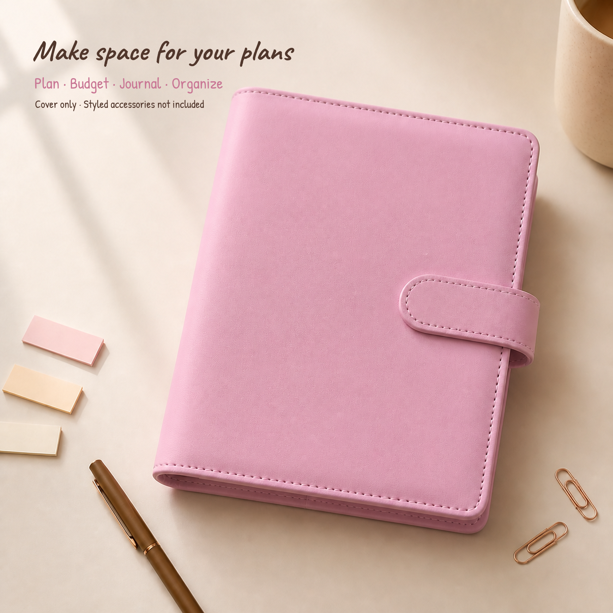 Baby Pink A5 Macaron planner binder on a warm ivory desk; cover only