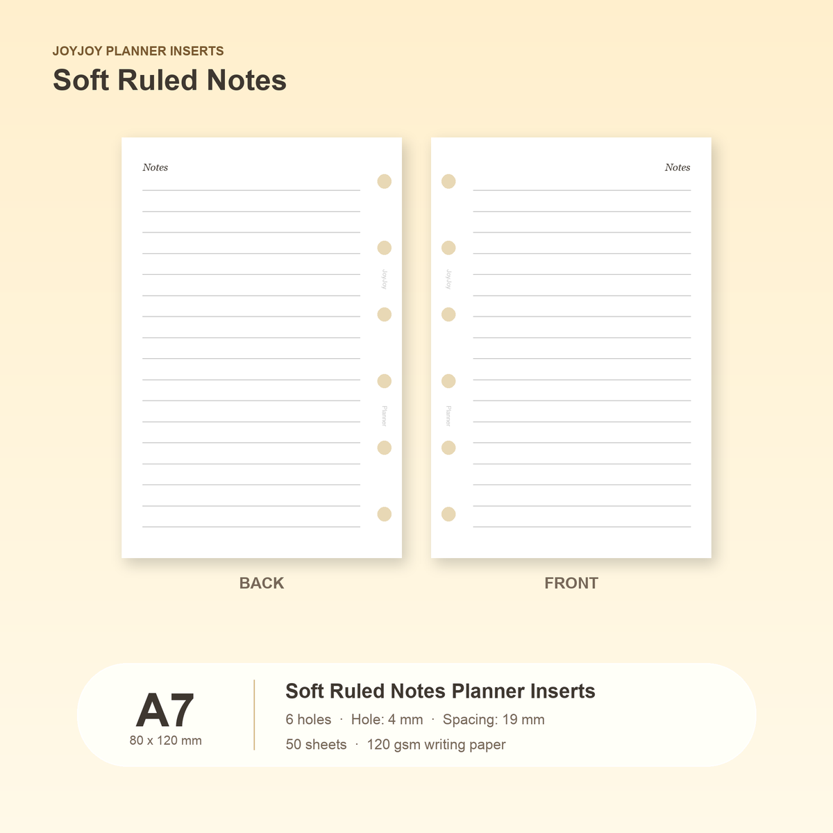 Soft ruled notes planner inserts in JOYJOY A7 size, 80 x 120 mm, six hole, 50 sheets