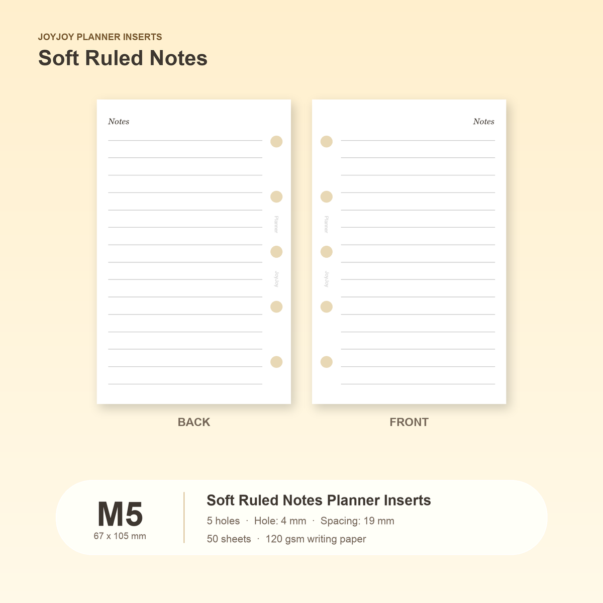 Soft ruled notes planner inserts in JOYJOY M5 size, 67 x 105 mm, five hole, 50 sheets