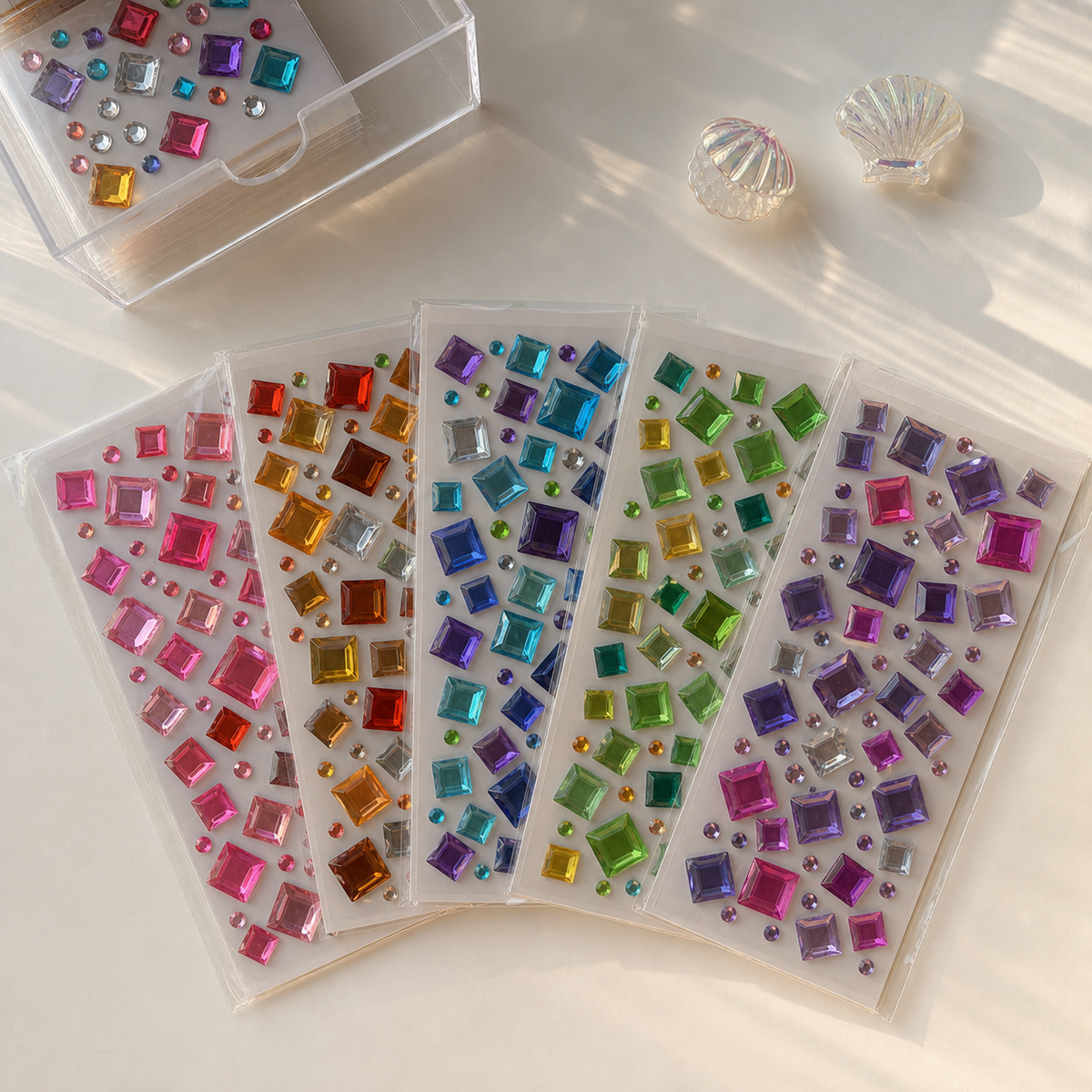 Five colorful self-adhesive square mix — 96 gems sticker sheets; each sheet may have different colors and gem arrangements
