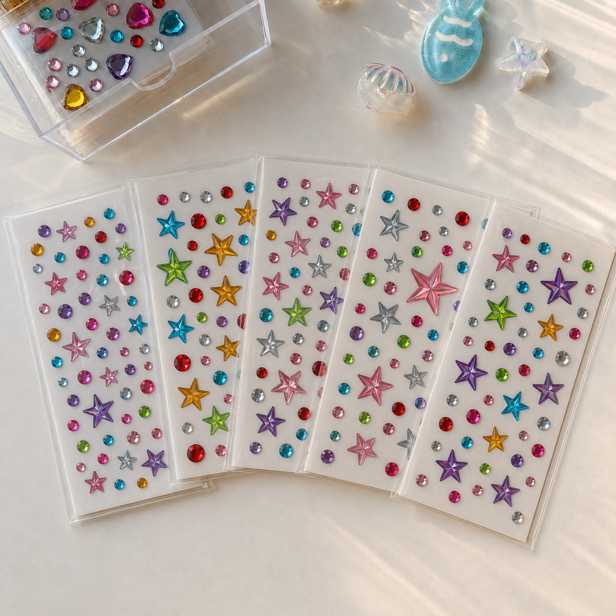 Five colorful self-adhesive star mix — 119 gems sticker sheets; each sheet may have different colors and gem arrangements