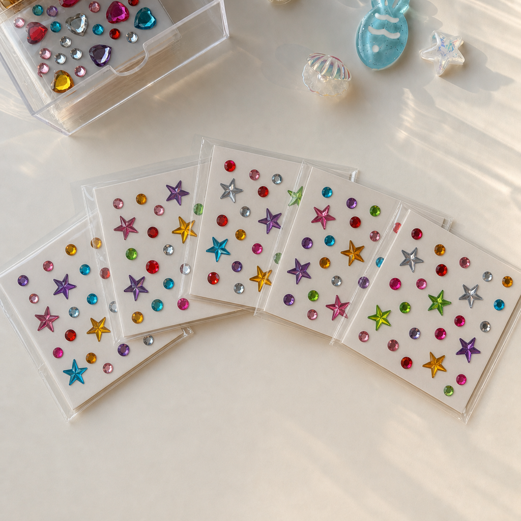 Five colorful self-adhesive star mix — 27 gems sticker sheets; each sheet may have different colors and gem arrangements
