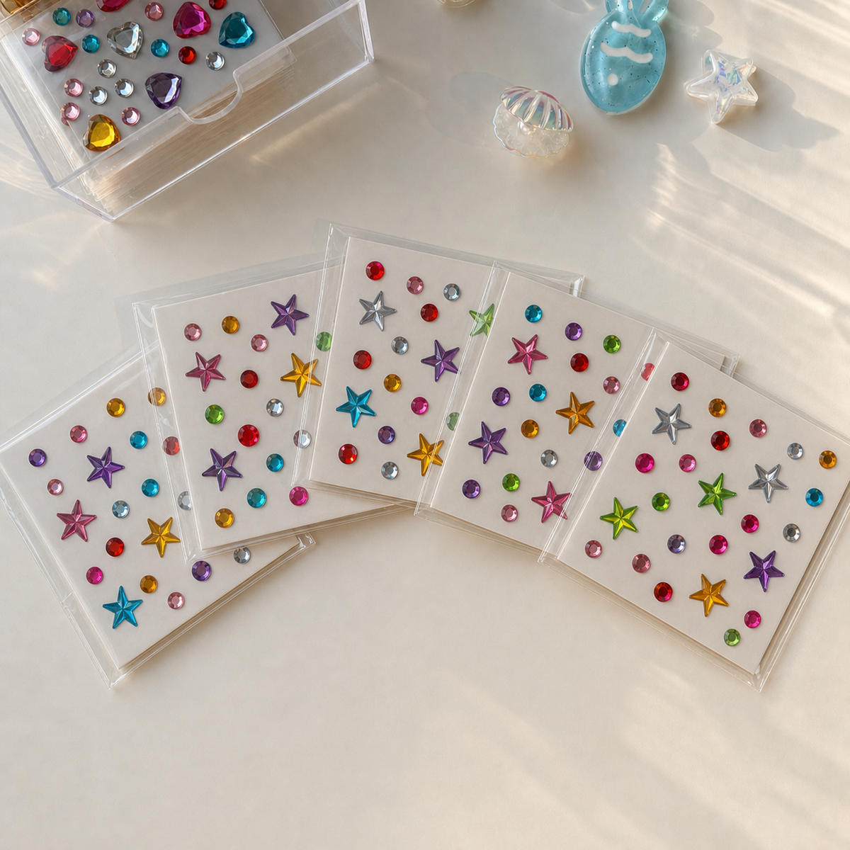 Five colorful self-adhesive star mix — 27 gems sticker sheets; each sheet may have different colors and gem arrangements