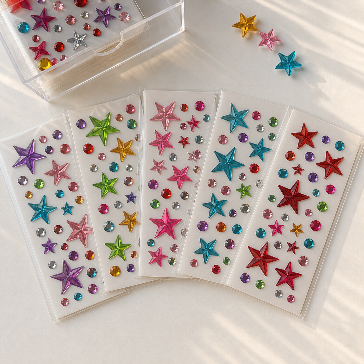 Five colorful self-adhesive large star mix — 109 gems sticker sheets; each sheet may have different colors and gem arrangements