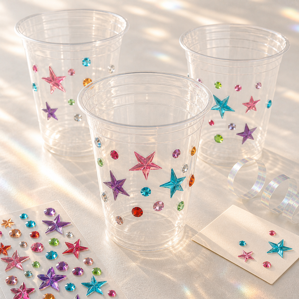 Whimsy Gems star gem stickers used on party cups, cards, and favor packaging; styling props not included