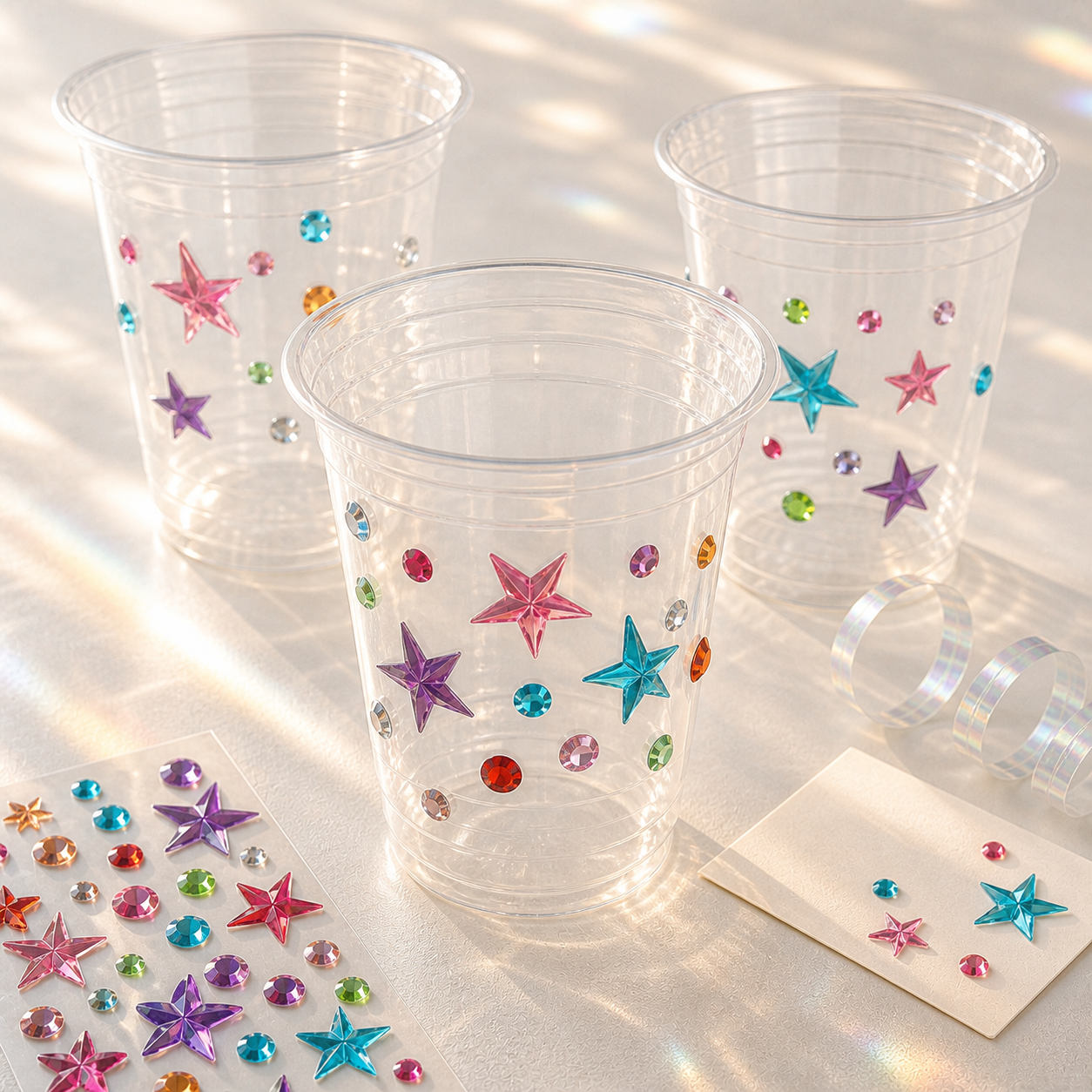 Whimsy Gems star gem stickers used on party cups, cards, and favor packaging; styling props not included