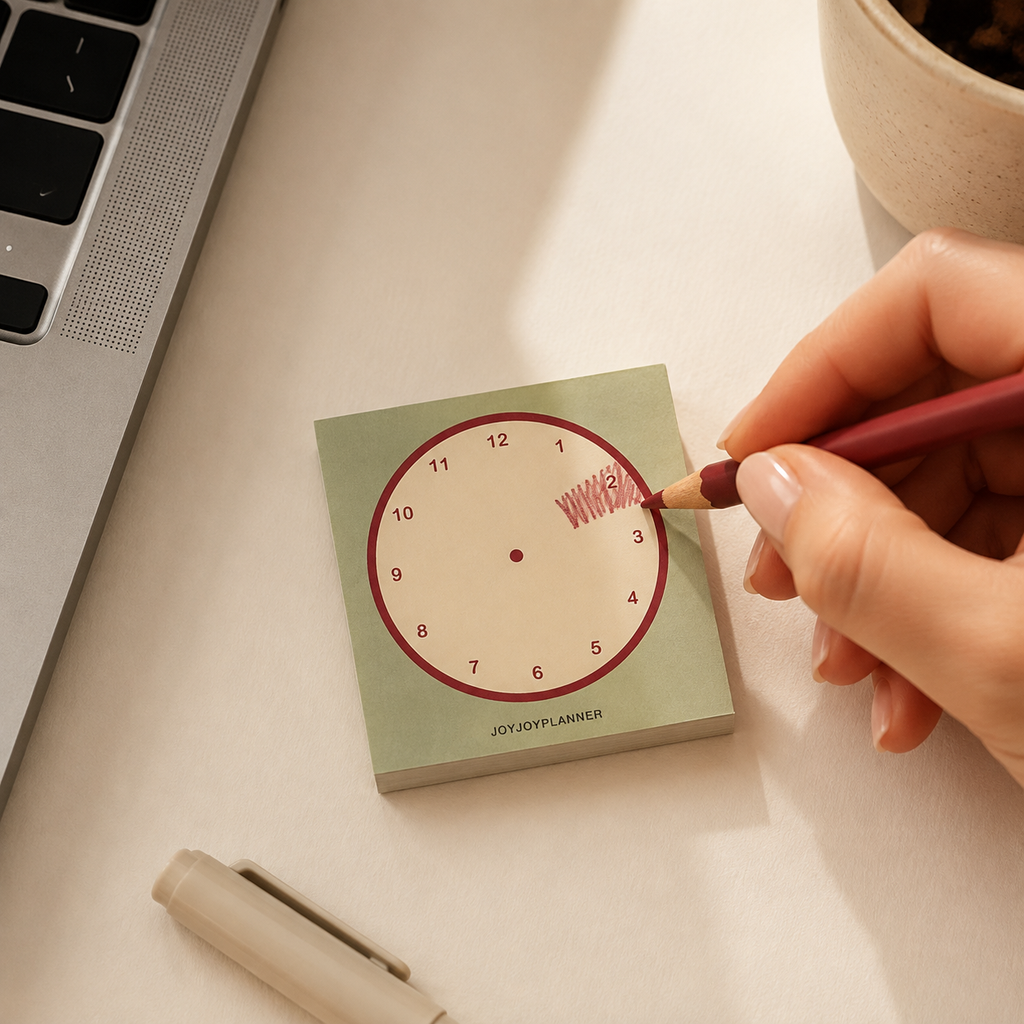 Tiny paper time tracker used to shade a focus block at a desk