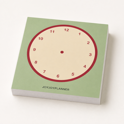 Visual Time Tracker 50 × 50 mm mini memo pad with a 1–12 analog clock