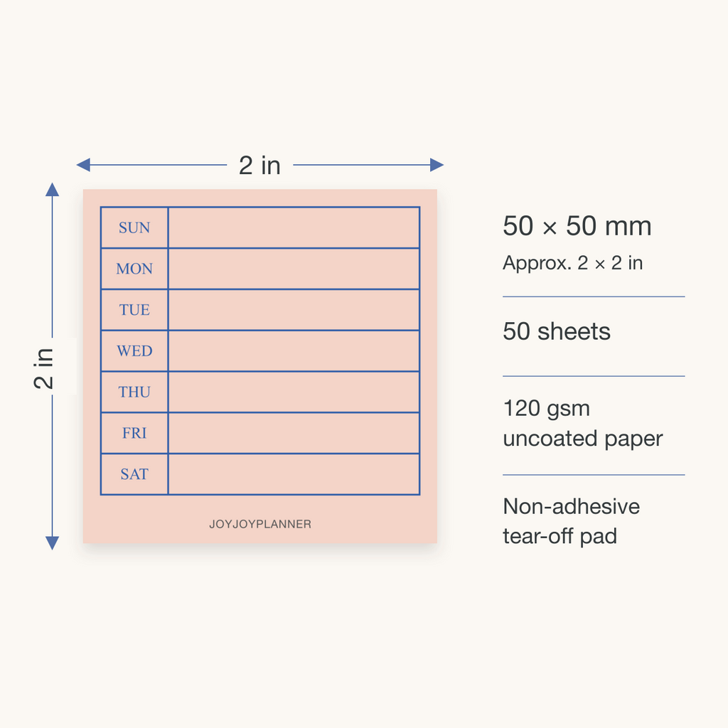 Weekly planner notepad size 50 by 50 mm with 50 sheets
